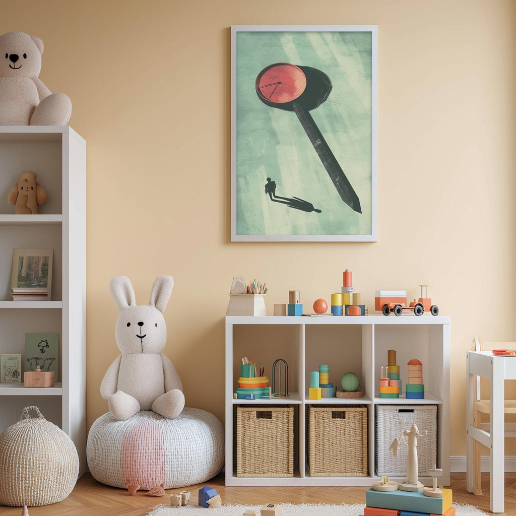 A cozy and colorful children's bedroom with a large stuffed bunny, shelves filled with toys, and a framed artwork on the wall.