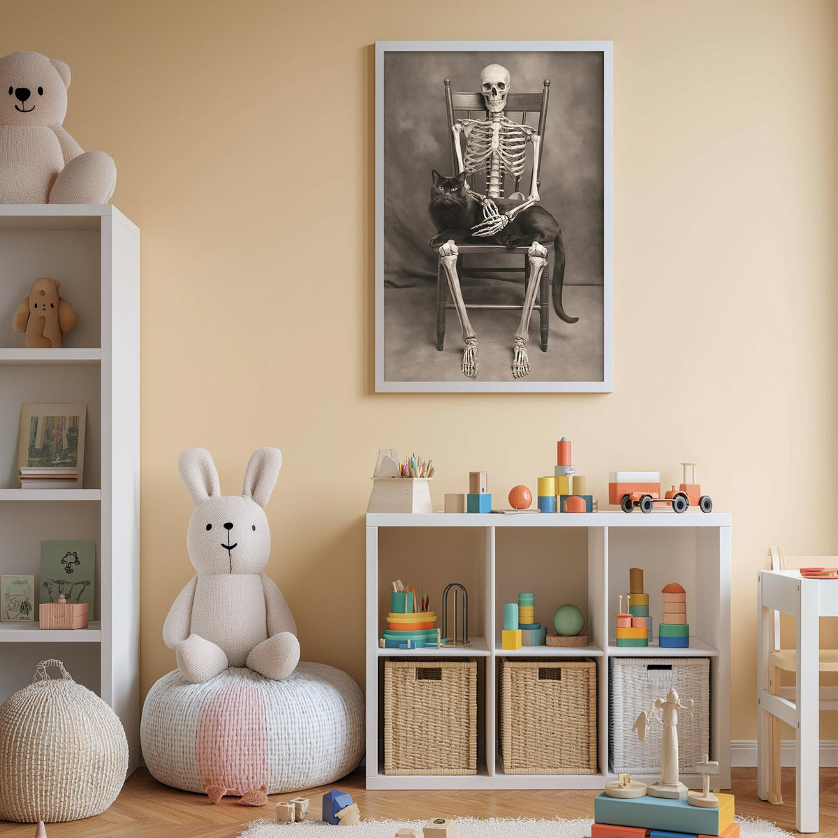 a child's bedroom with a skeleton sitting on a chair, surrounded by various toys and stuffed animals.