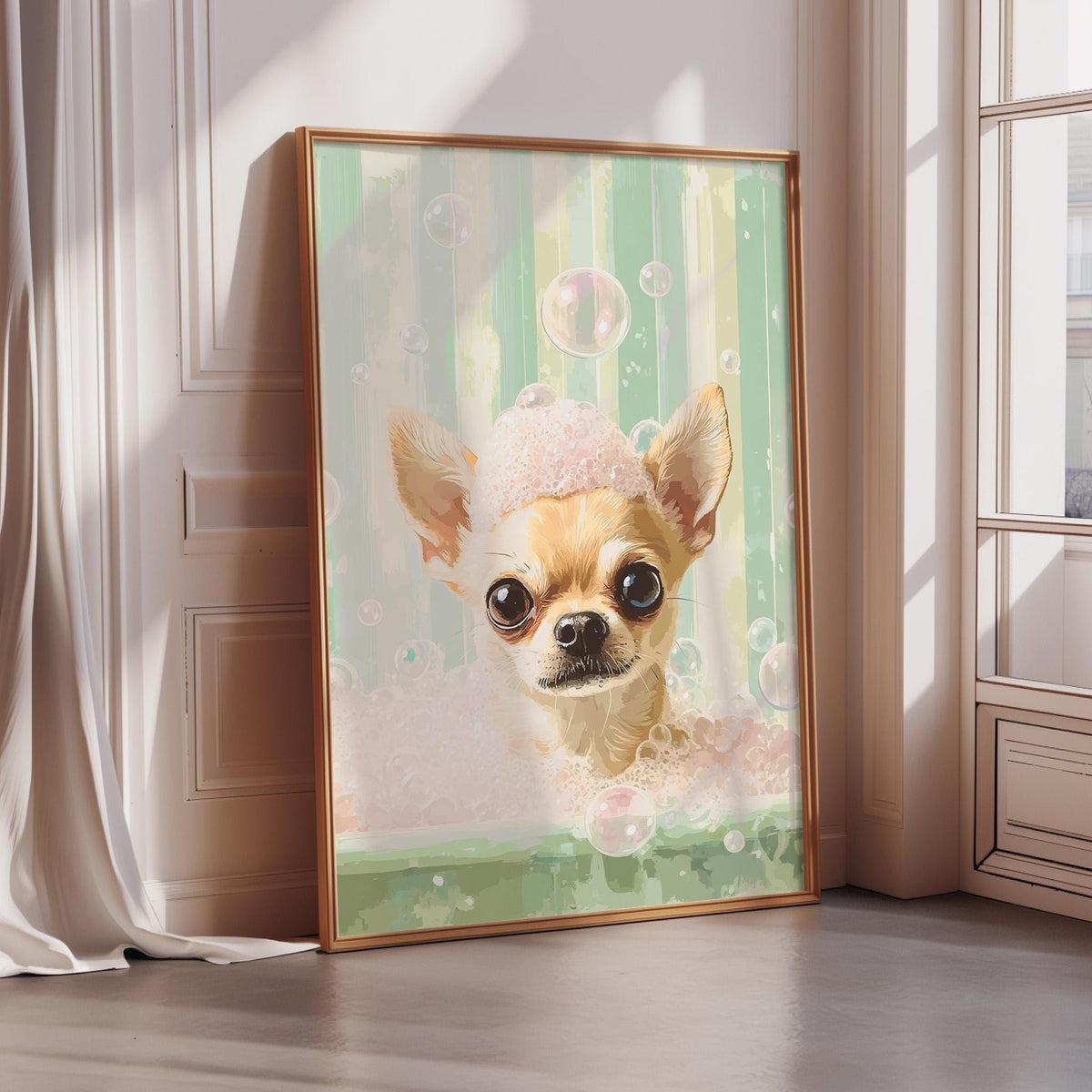 A framed painting of a small dog with a pink bathrobe and bubbles in its bathtub.