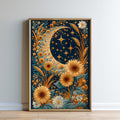 The image is a framed artwork depicting a crescent moon surrounded by a vibrant floral arrangement of sunflowers, daisies, and other flowers against a starry night sky background.