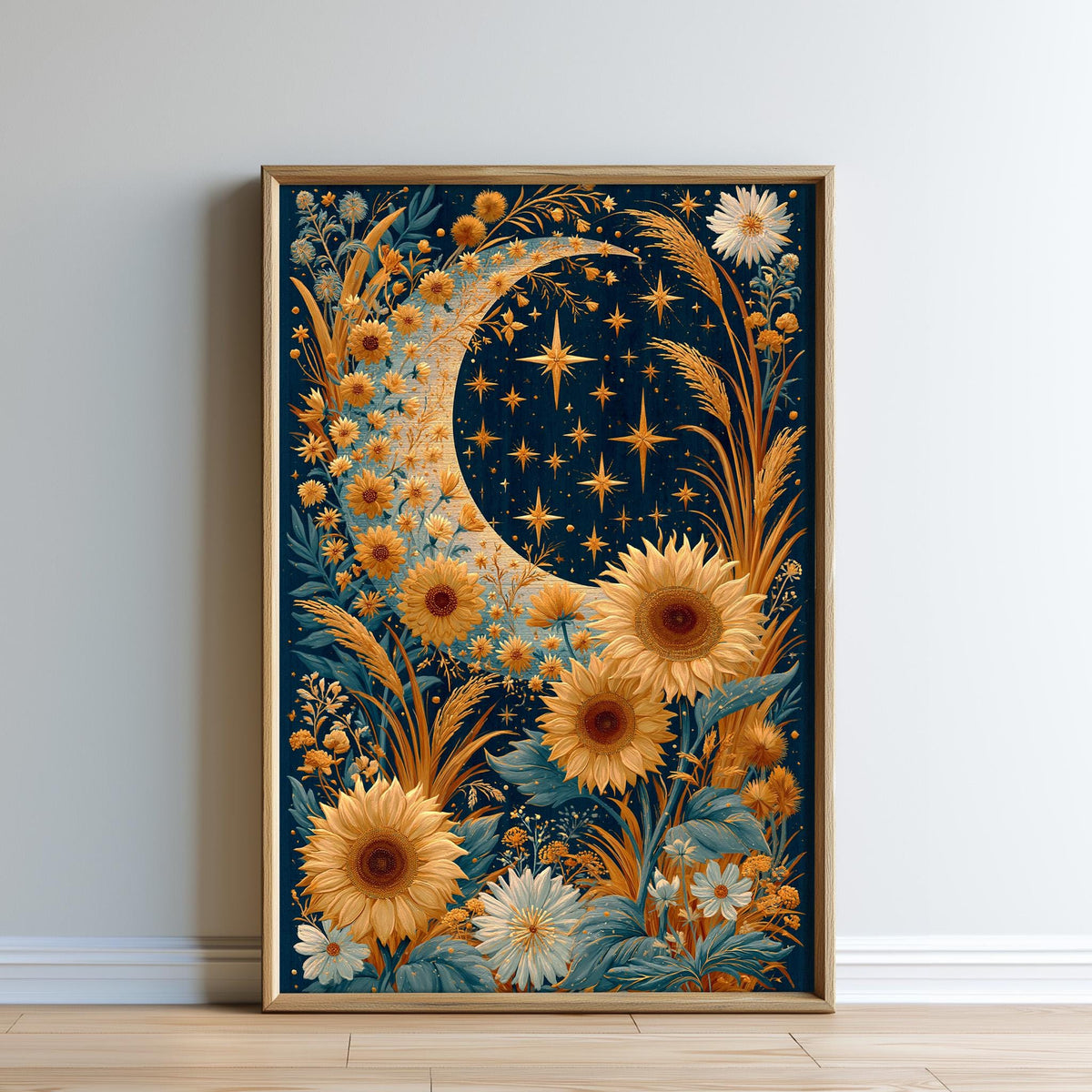 The image is a framed artwork depicting a crescent moon surrounded by a vibrant floral arrangement of sunflowers, daisies, and other flowers against a starry night sky background.