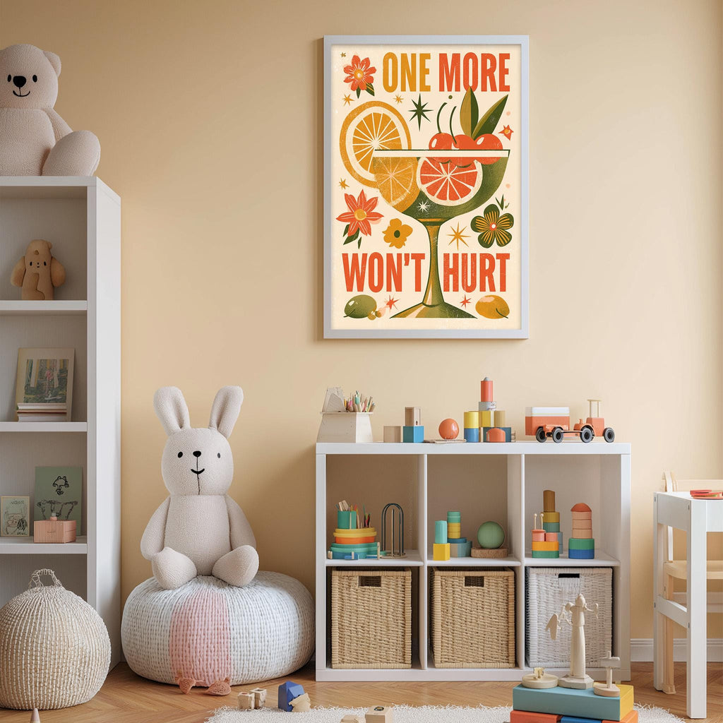 A child's bedroom with a white bookshelf, a stuffed rabbit, and a colorful poster on the wall. The poster features a cocktail glass with fruit and the text "ONE MORE WON'T HURT".