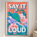 a vibrant poster with a parrot and flowers, hanging on a wall in a living room.