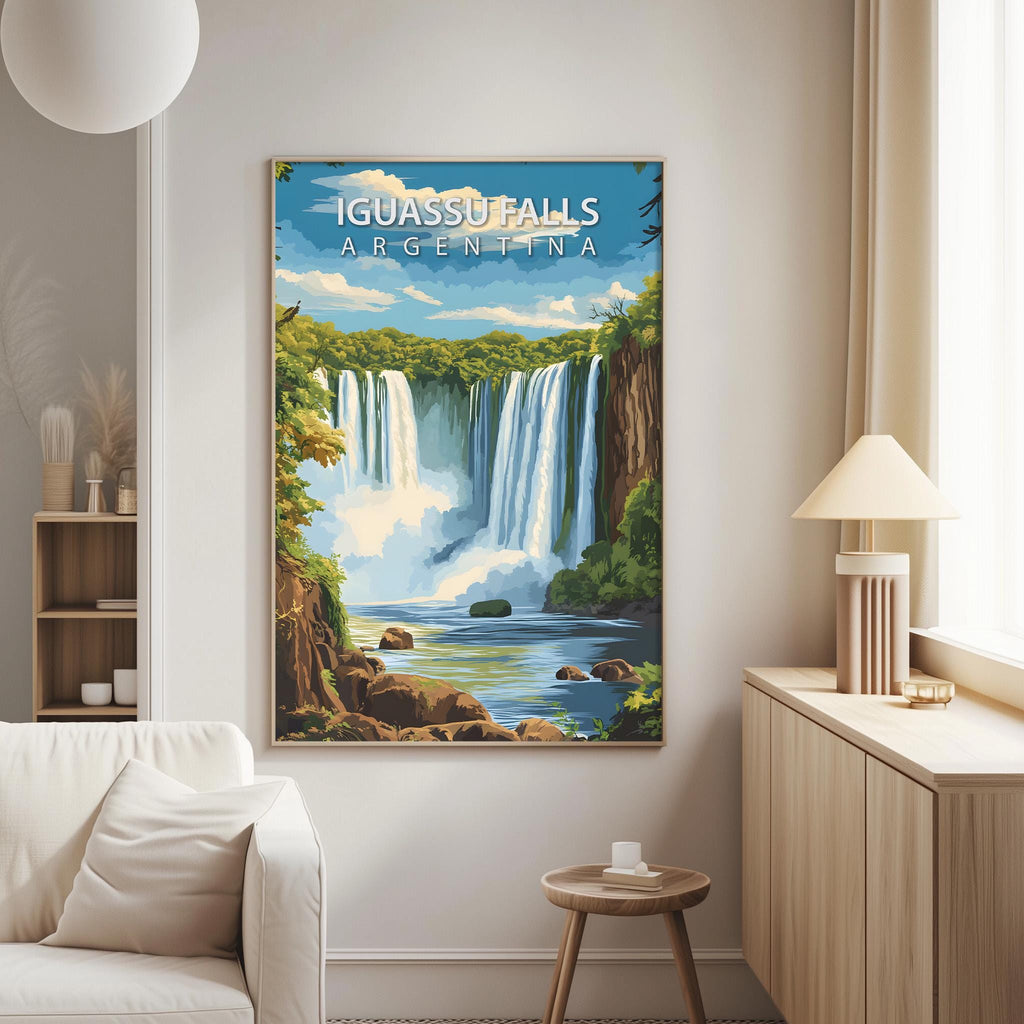 a large poster of the Iguas Falls in Argentina hanging on a wall in a living room.