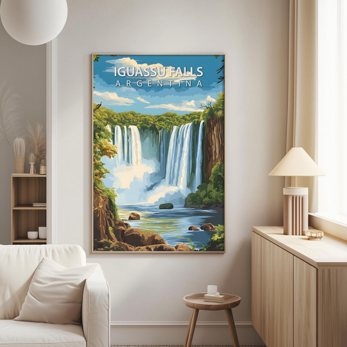 a large poster of the Iguas Falls in Argentina hanging on a wall in a living room.