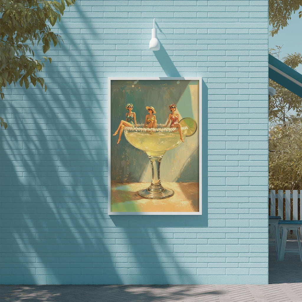 a framed painting of three women sitting in a large glass decanter, which appears to be filled with a yellow liquid. The painting is displayed on a blue wall, and there is a light fixture above it.