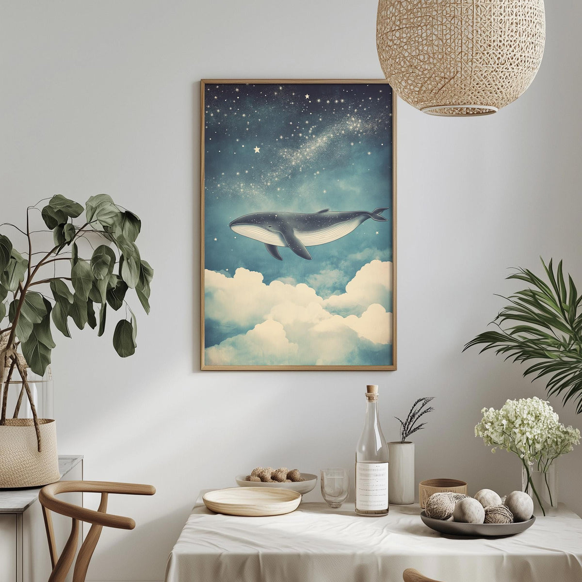 a dining table with a white tablecloth, a bowl of fruit, a bottle, and a vase with flowers. Above the table, there is a framed picture of a whale flying through a starry sky.