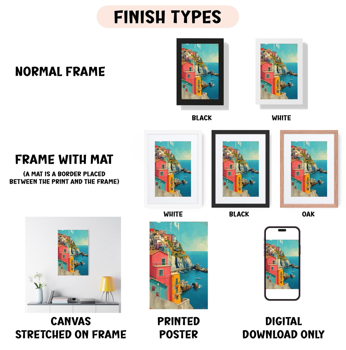 various finish types for artwork, including a normal frame, a frame with a mat, a white frame, a black frame, an oak frame, a canvas stretched on a frame, a printed poster, and a digital download only.