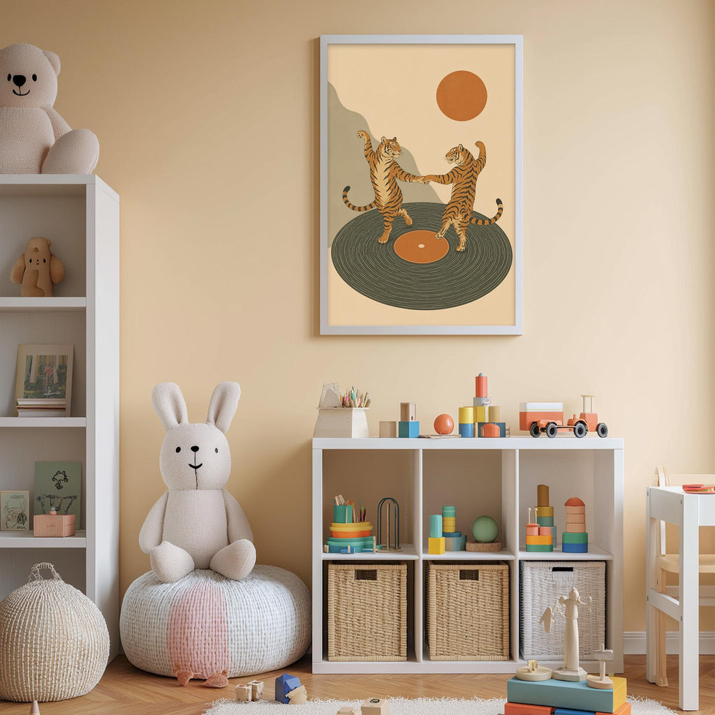 A cozy children's room with a white bookshelf, a stuffed rabbit, and a framed illustration of two tiger lions dancing on a record player.