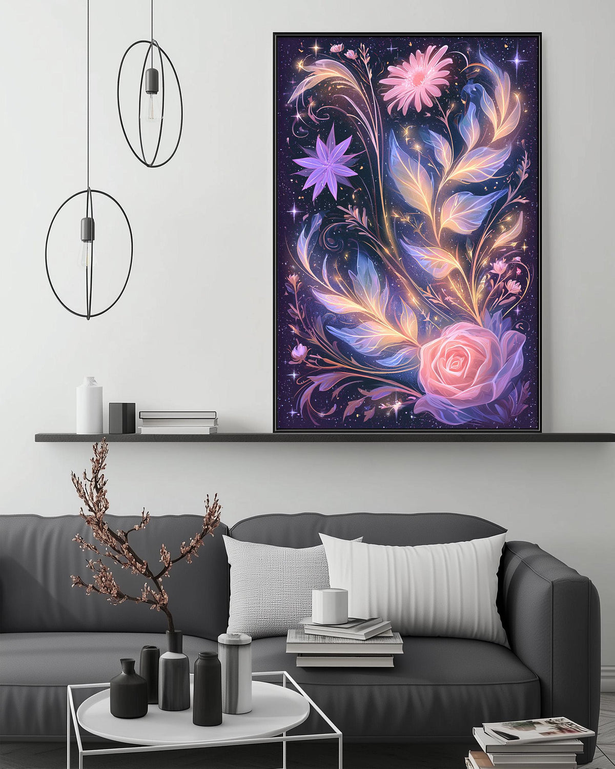 a large, colorful painting of flowers and plants hanging on a wall above a gray couch in a living room setting.