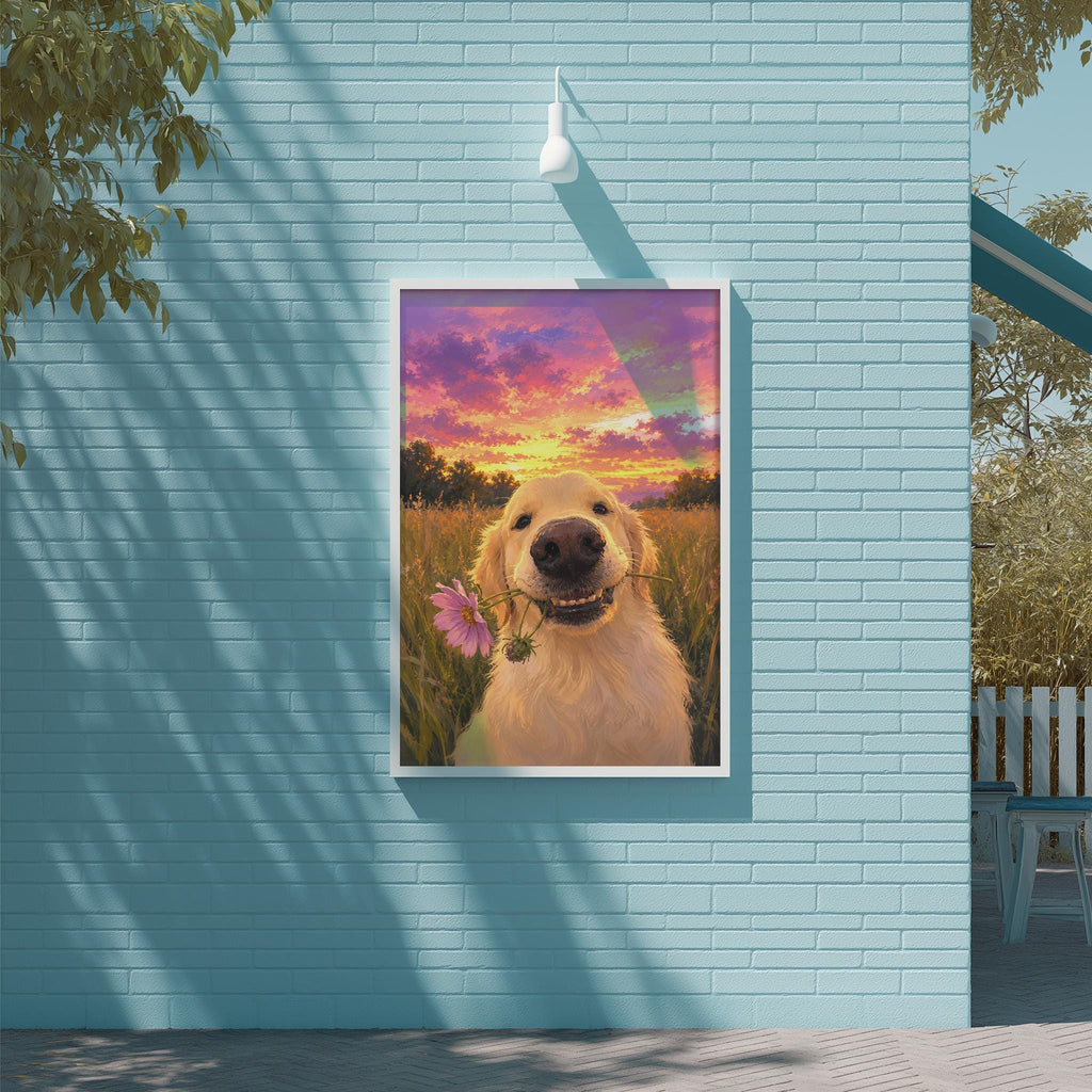A framed painting of a golden retriever dog holding a pink flower in its mouth, set against a backdrop of a colorful sunset and grassy field.