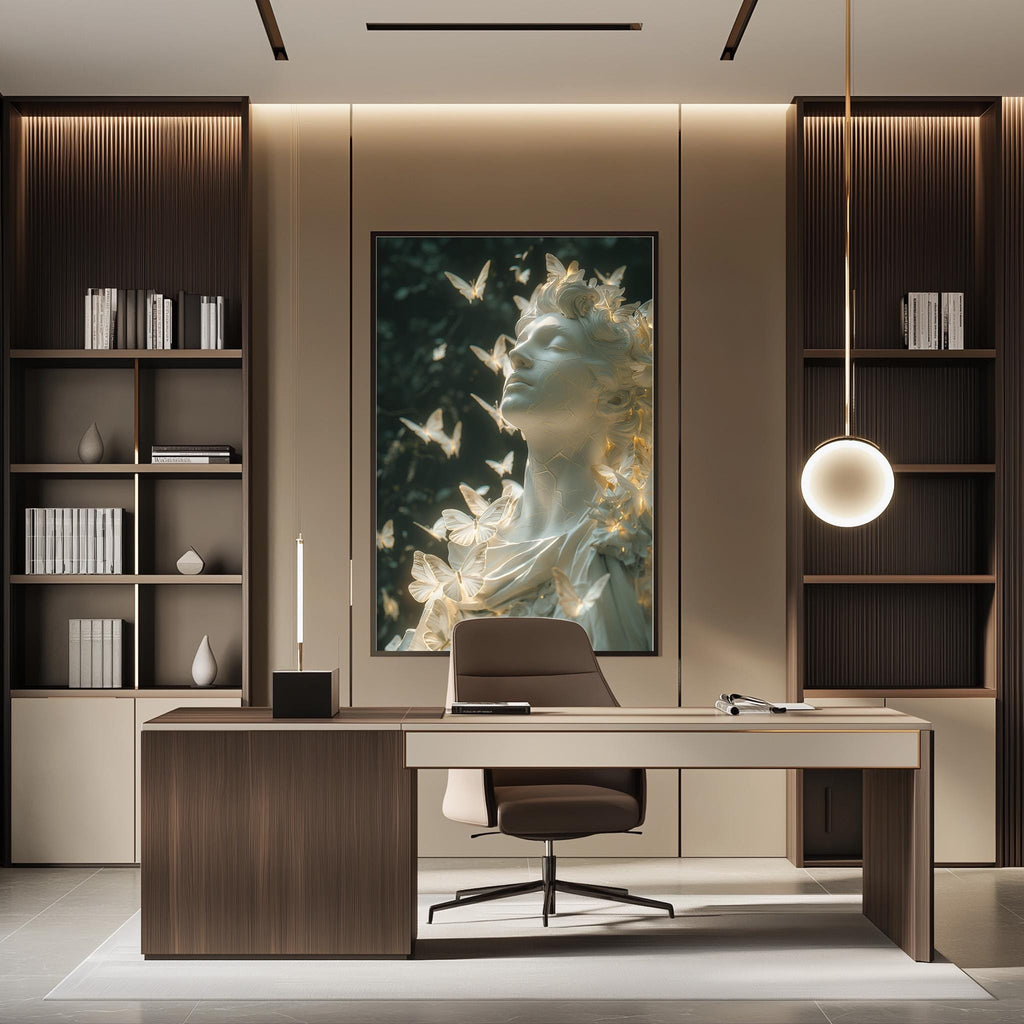 a modern and stylish office space with a large framed artwork of a woman's face with butterflies adorning the wall. The office features a wooden desk, a comfortable chair, and a bookshelf filled with books. The overall design and decor create a sophisticated and elegant atmosphere.