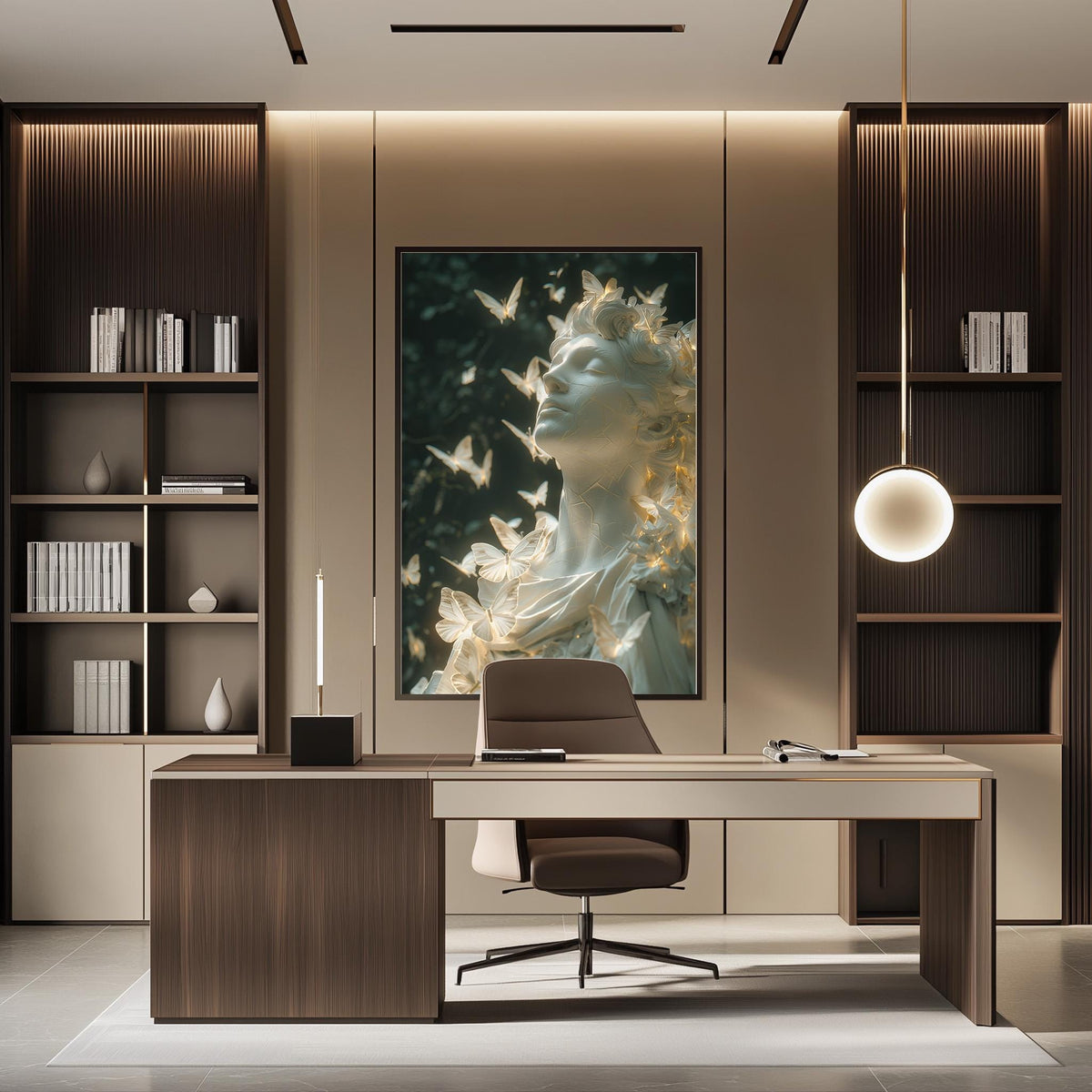 a modern and stylish office space with a large framed artwork of a woman's face with butterflies adorning the wall. The office features a wooden desk, a comfortable chair, and a bookshelf filled with books. The overall design and decor create a sophisticated and elegant atmosphere.