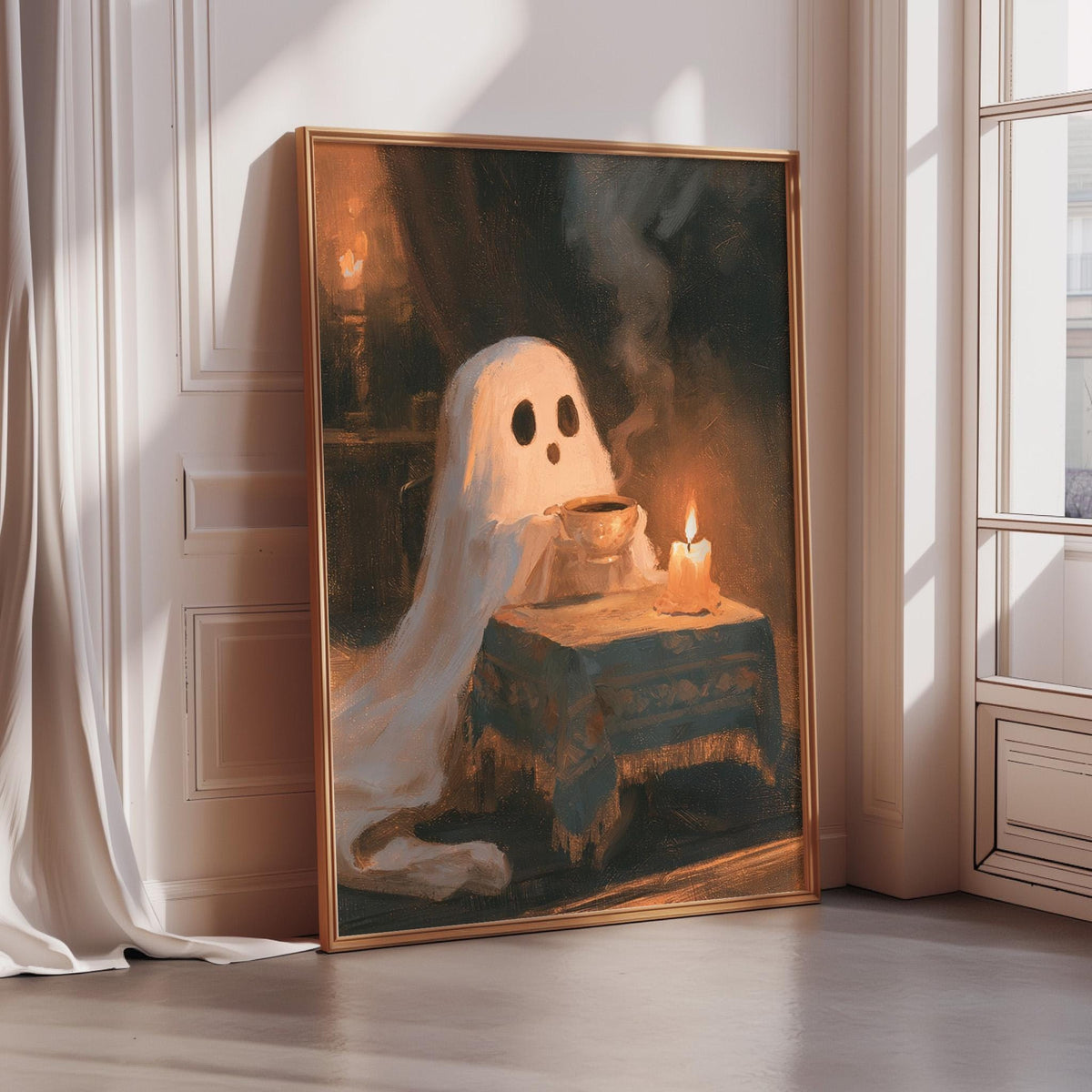 The image is a painting of a ghost sitting at a table with a candle, and it appears to be a Halloween-themed artwork.