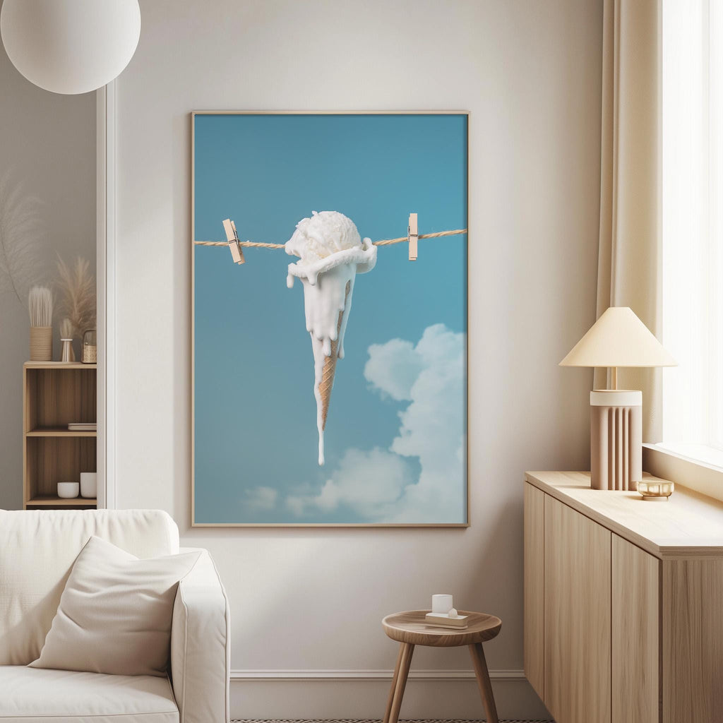 a large framed artwork hanging on a wall, featuring a whimsical scene of an ice cream cone melting and dripping down the wall.