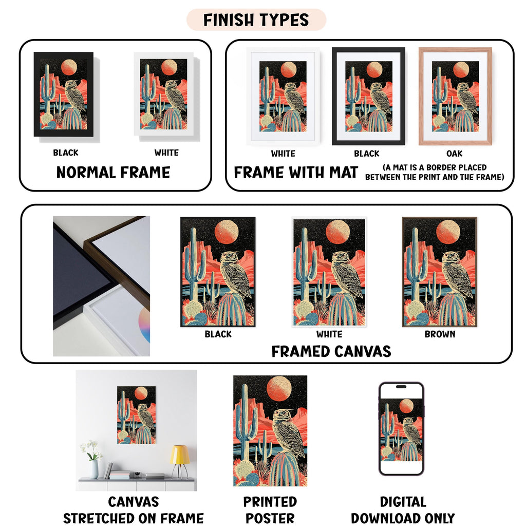 various finish types for a framed artwork, including black, white, black, oak, white, framed canvas, and digital download only. It also displays images of the artwork in different frames, such as stretched on frame, white, black, and framed canvas.
