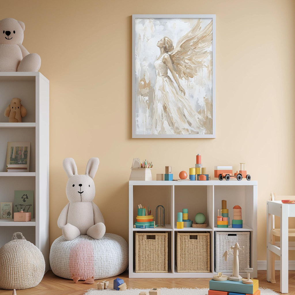 A cozy and well-organized children's playroom with a large stuffed bunny, a bookshelf, and a storage unit filled with toys and books.