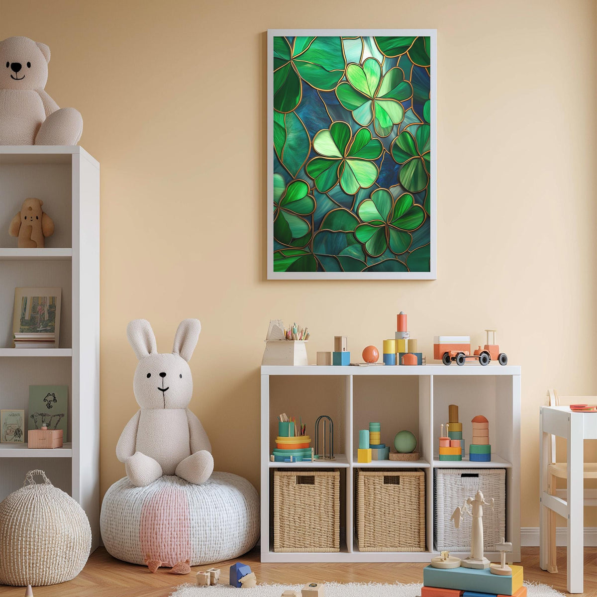 A cozy and colorful children's bedroom with a large stuffed rabbit, a bookshelf filled with toys, and a framed stained glass artwork featuring green and blue shamrocks on the wall.