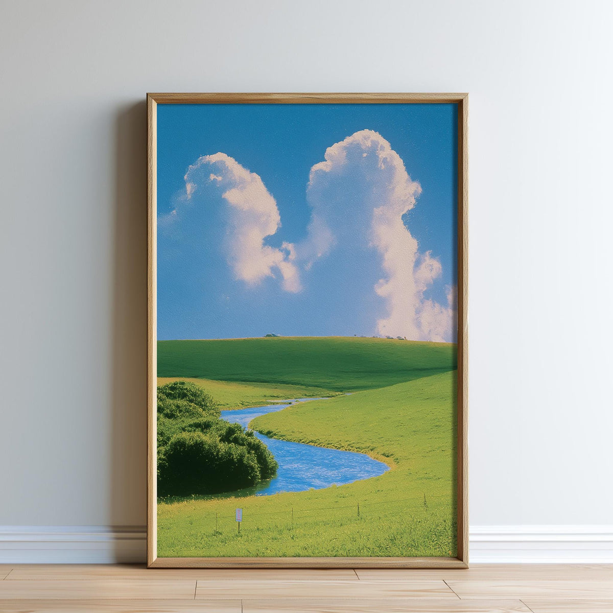 a serene landscape with a winding river, lush green fields, and a clear blue sky with fluffy white clouds.
