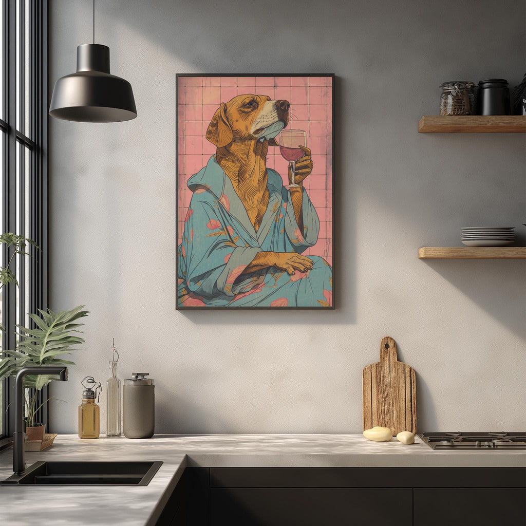 a framed illustration of a dog wearing a blue robe and holding a glass of wine, set against a pink background.