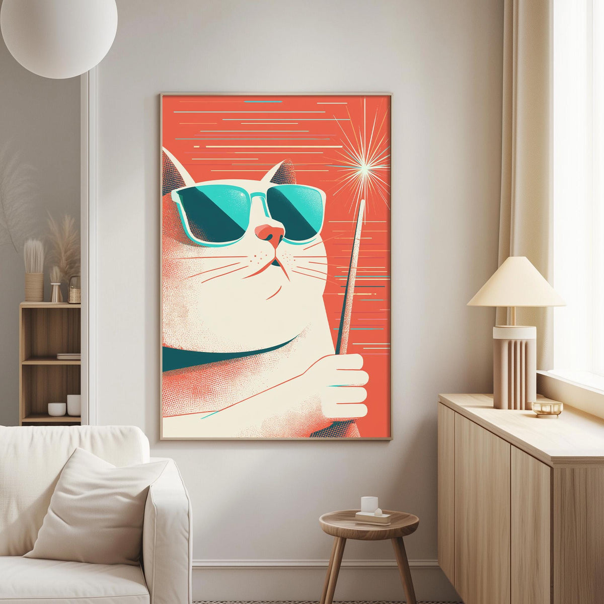 a large, colorful poster of a cat wearing sunglasses and holding a wand, hanging on a wall in a living room.