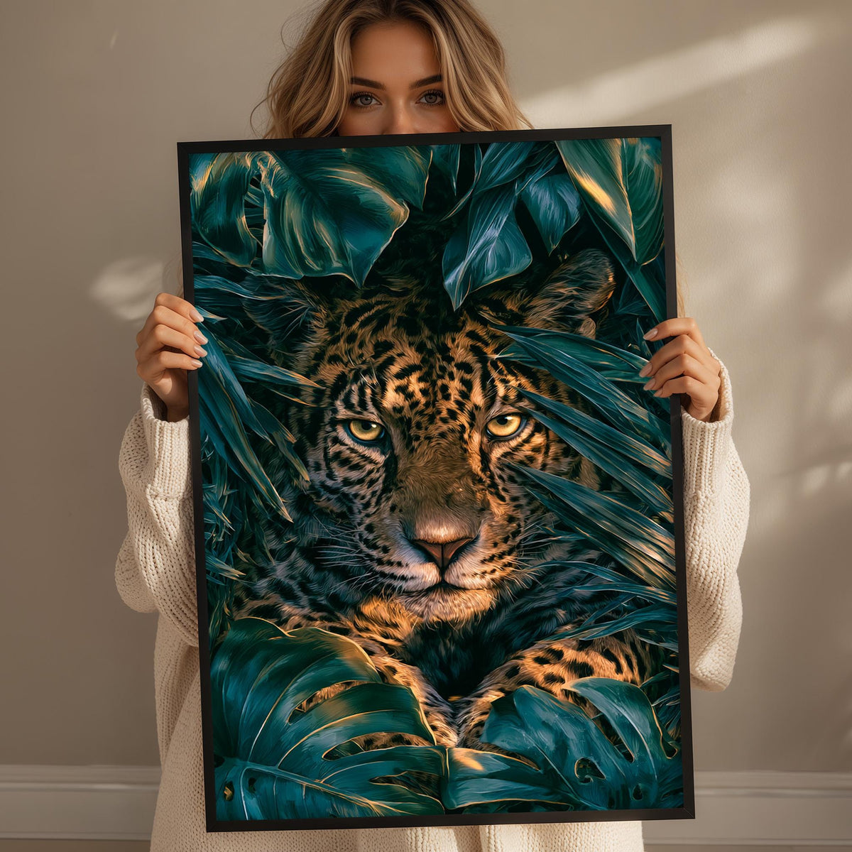 A woman holds up a framed photograph of a jaguar surrounded by lush green foliage.