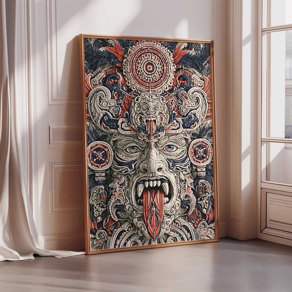 a large, intricately designed and colorful painting or artwork displayed on a wall.