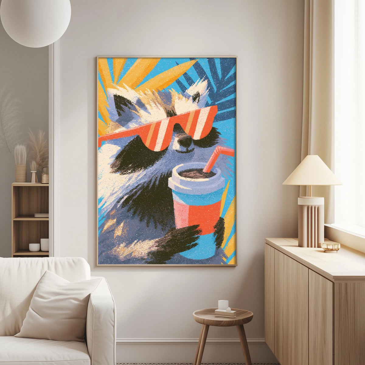 a vibrant and colorful painting of a raccoon wearing sunglasses and holding a drink, hanging on a wall in a cozy living room setting.