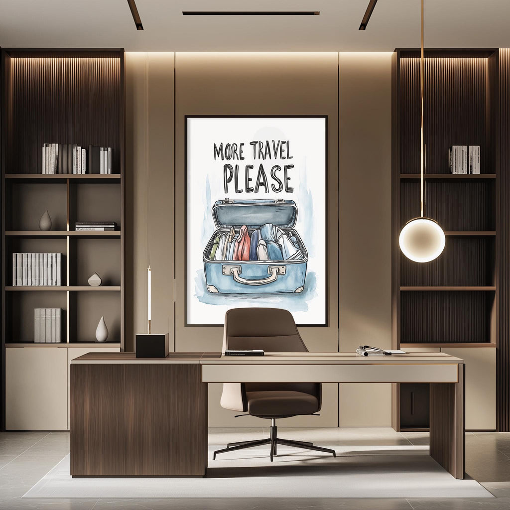 a modern office space with a large poster on the wall that says "MORE TRAVEL PLEASE". The office has a wooden desk, a chair, and a bookshelf filled with books.
