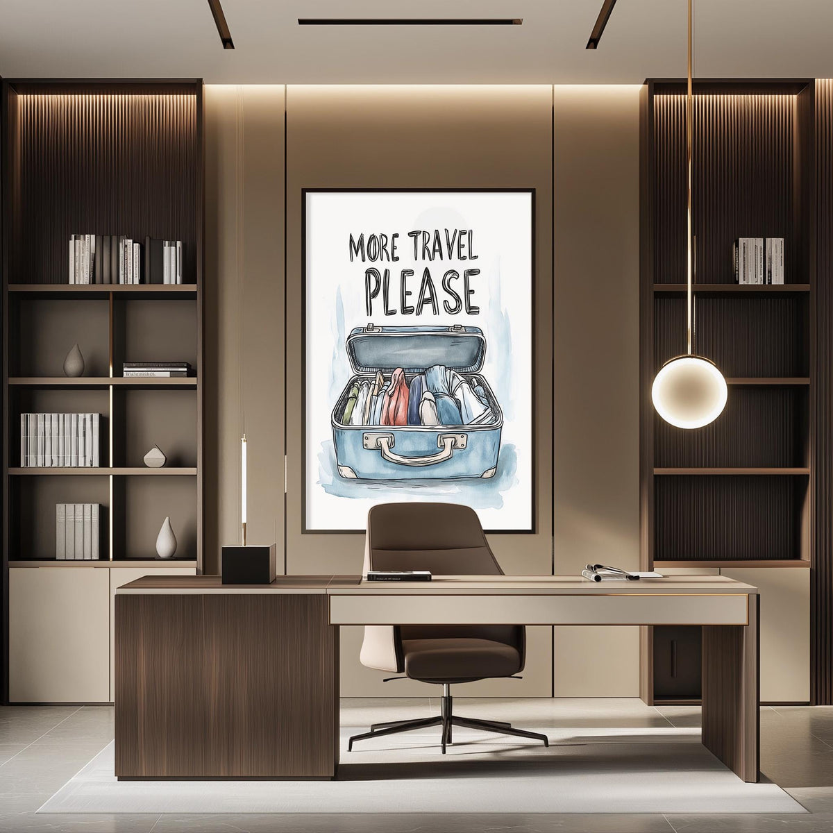 a modern office space with a large poster on the wall that says "MORE TRAVEL PLEASE". The office has a wooden desk, a chair, and a bookshelf filled with books.