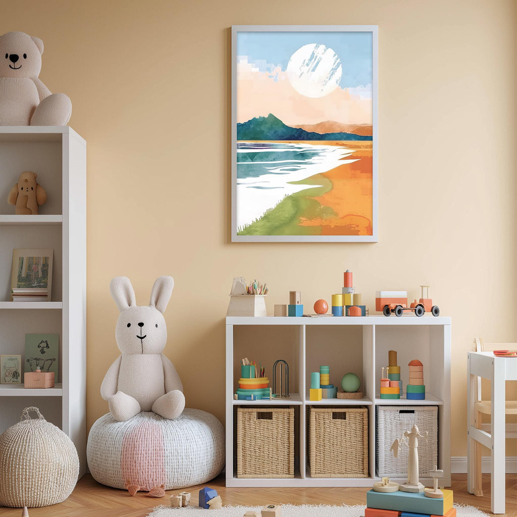 A cozy children's room with a large stuffed bunny, a bookshelf, and a toy chest filled with toys. The room has a warm, inviting atmosphere with a large painting of a beach scene hanging on the wall.