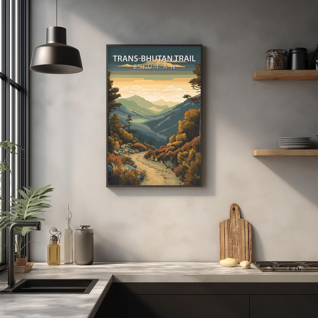 a kitchen counter with various kitchen items, such as a cutting board, a bottle, and a bowl, as well as a framed poster of a mountain landscape hanging on the wall.