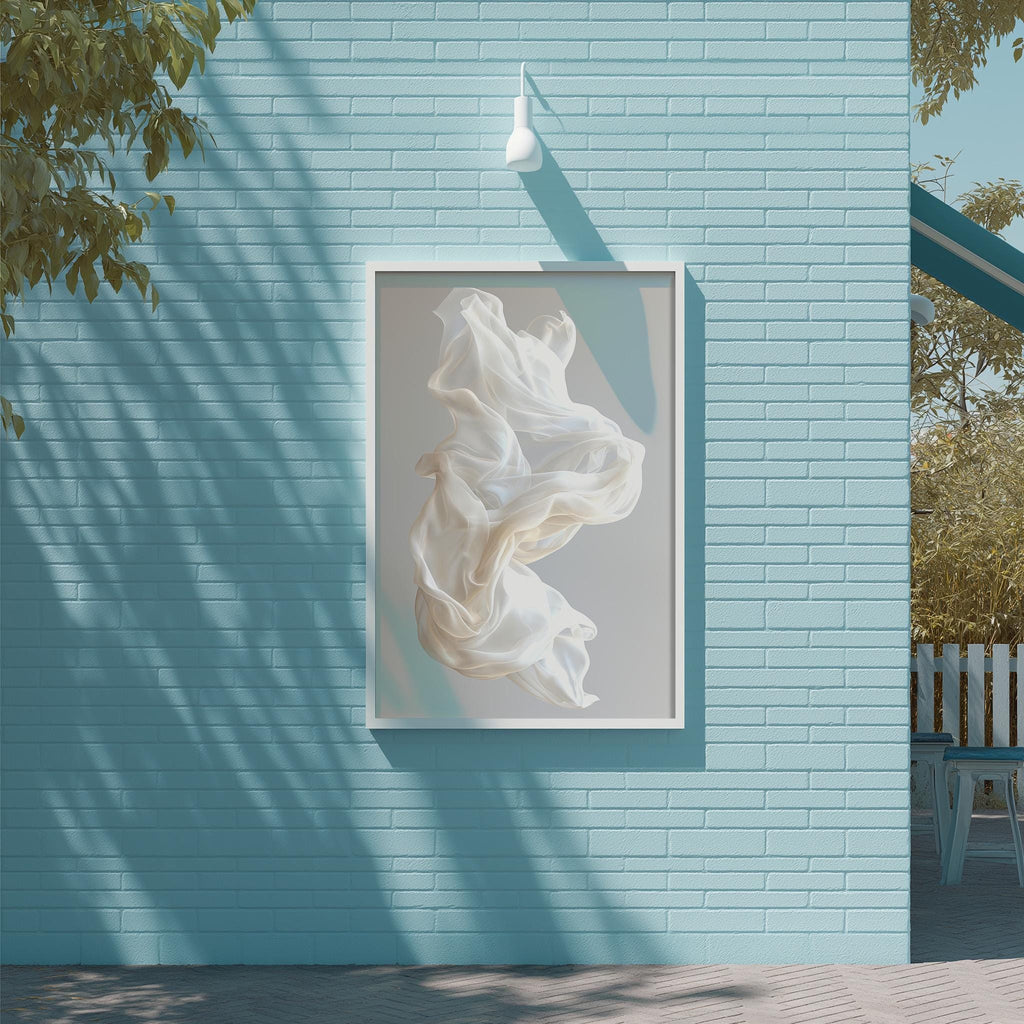 a large white abstract painting hanging on a blue brick wall.