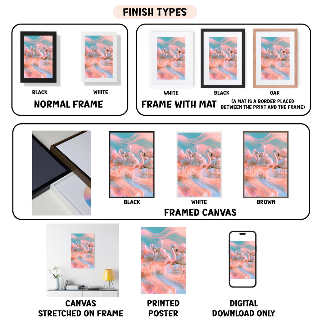 various types of framed artwork, including canvas stretched on a frame, framed canvas, and digital download only. The artwork displays different finishes, such as black, white, and brown, as well as different mat placements, like a mat placed between the print and the frame. The image also includes a smartphone displaying a framed artwork, and a poster of a flamingo.