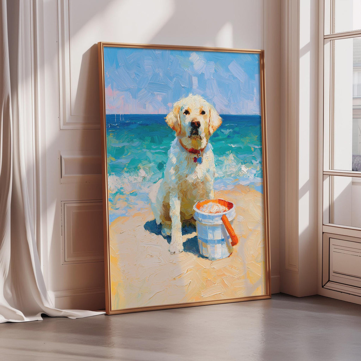 A painting of a golden retriever dog sitting on a sandy beach, with a bucket nearby, against a backdrop of a blue sky and ocean.