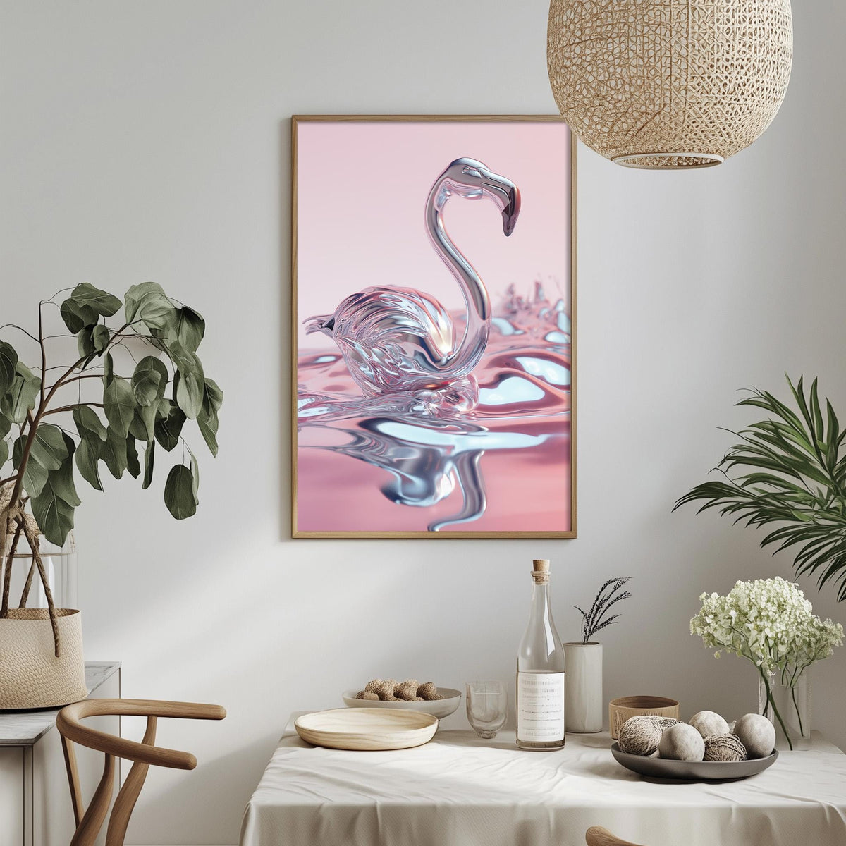a pink flamingo in a glass-like material, surrounded by various decorative elements such as plants, a bowl, and a bottle.