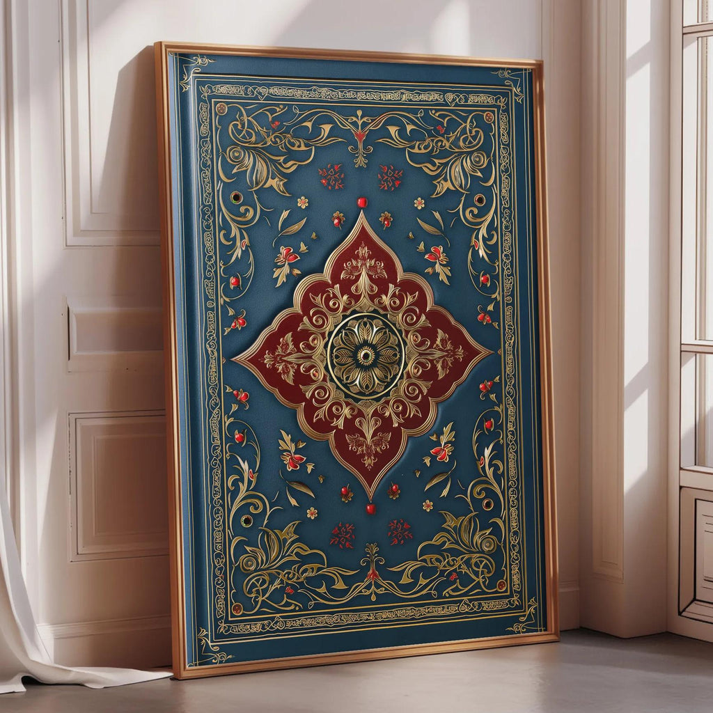 A large, ornate, and intricately designed blue and gold frame is leaning against a white wall, with a window visible to the right.