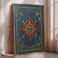 A large, ornate, and intricately designed blue and gold frame is leaning against a white wall, with a window visible to the right.