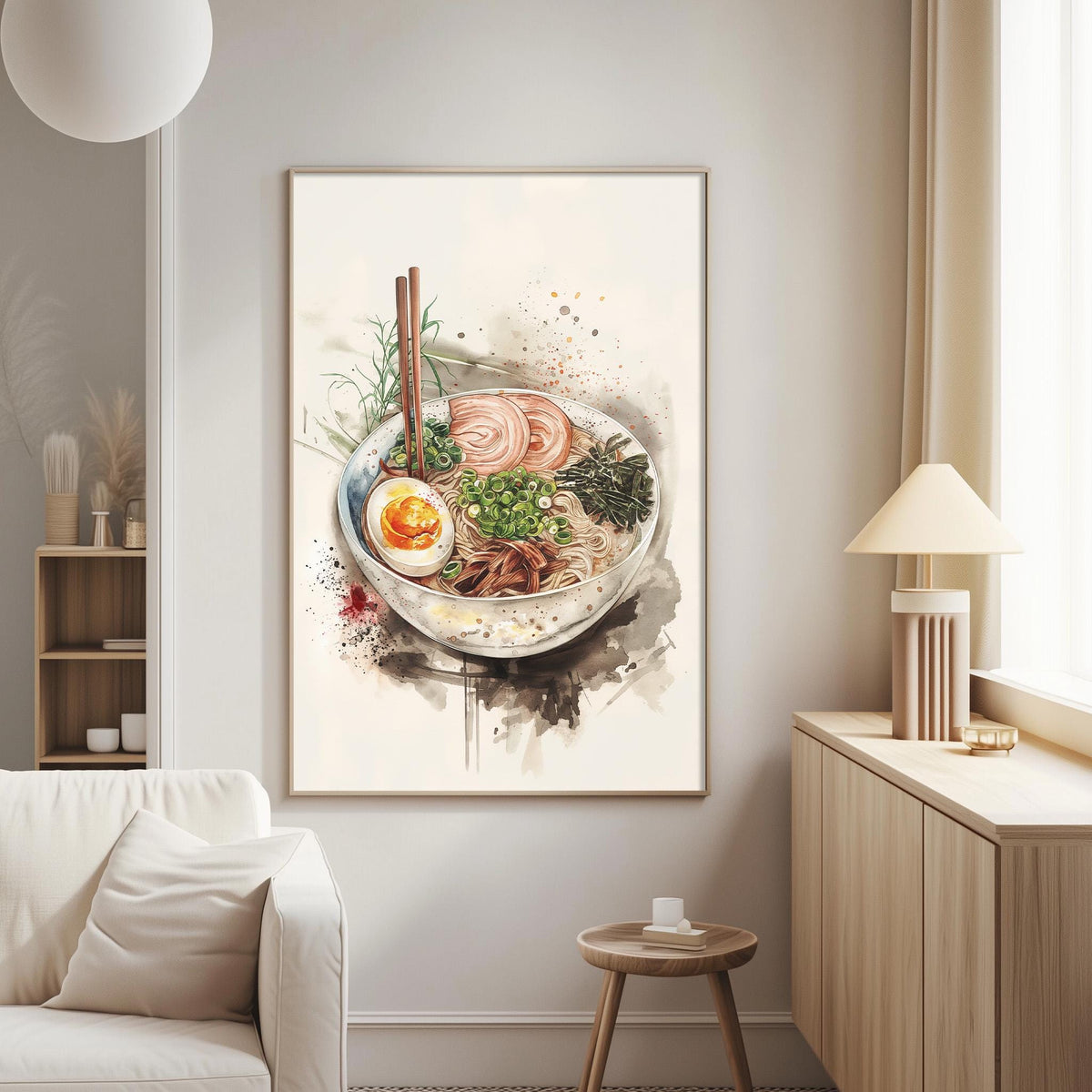 a living room with a white sofa, a wooden side table, and a framed painting of a bowl of ramen noodles with various toppings.