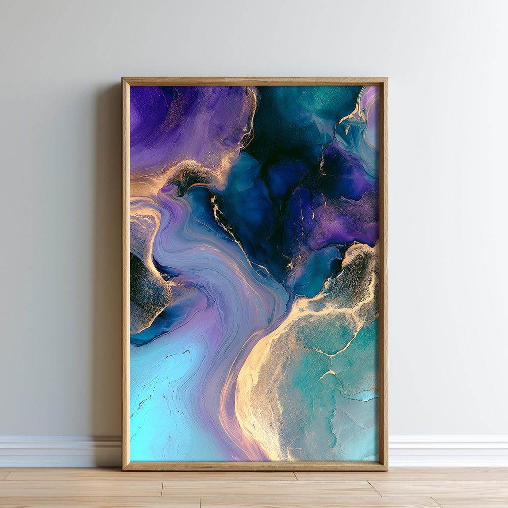 a vibrant abstract painting with swirling patterns of blue, purple, and gold colors.