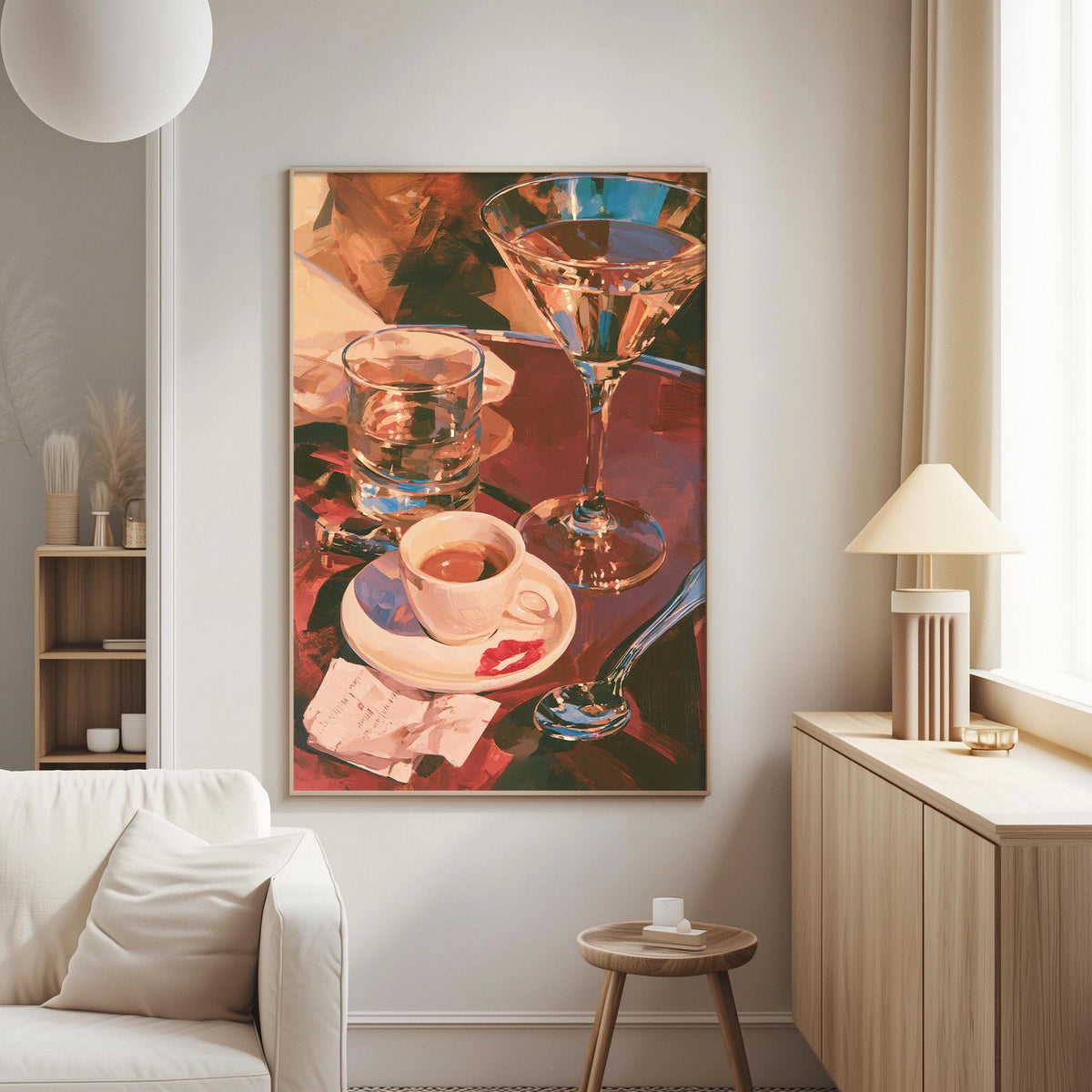 a cozy living room with a large painting of a table set with drinks, including a martini glass, a coffee cup, and a glass of water, hanging on the wall.