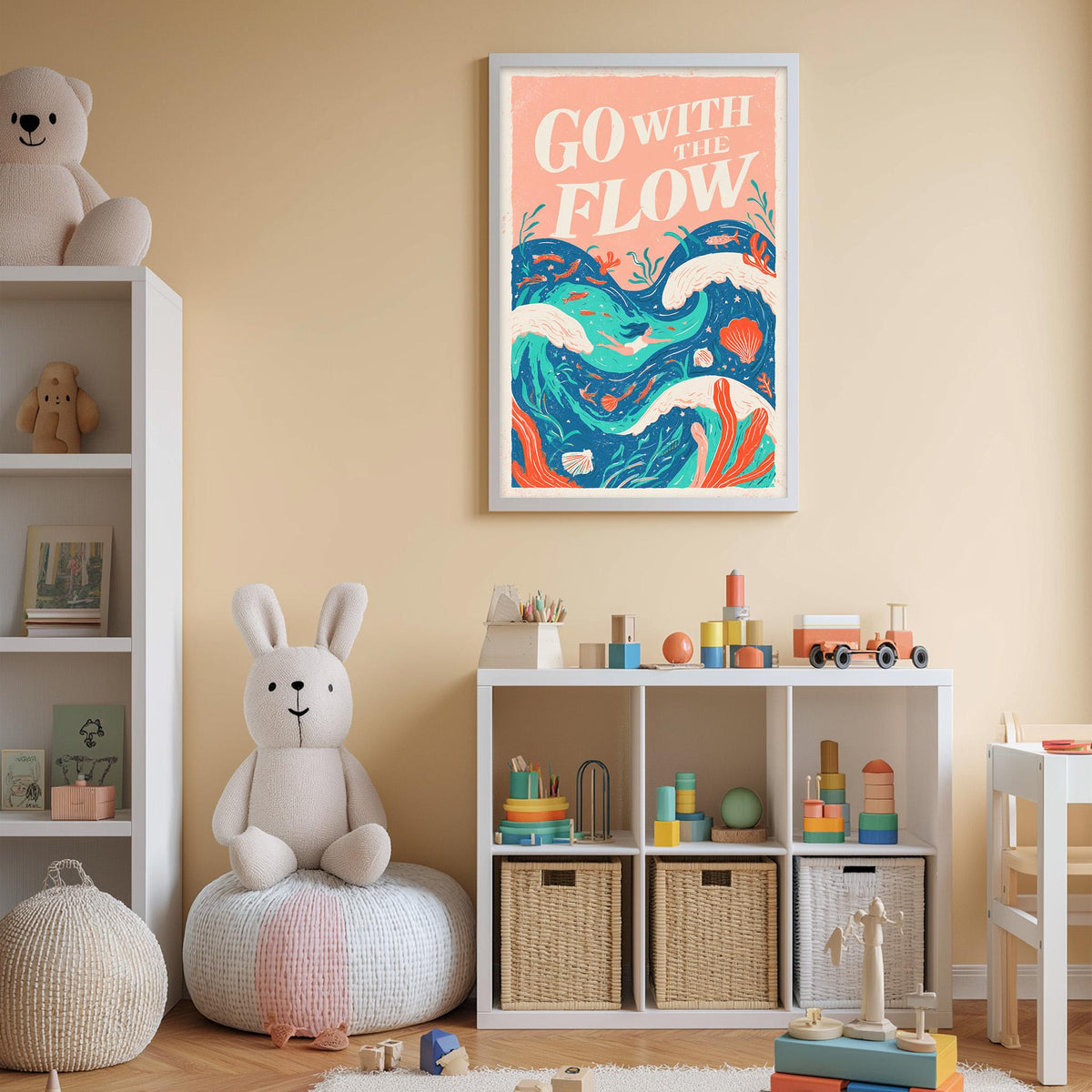 A child's bedroom with a white bookshelf, a stuffed rabbit, and a colorful poster on the wall. The poster has the text "Go with the flow" and features a wave and other ocean-themed elements.
