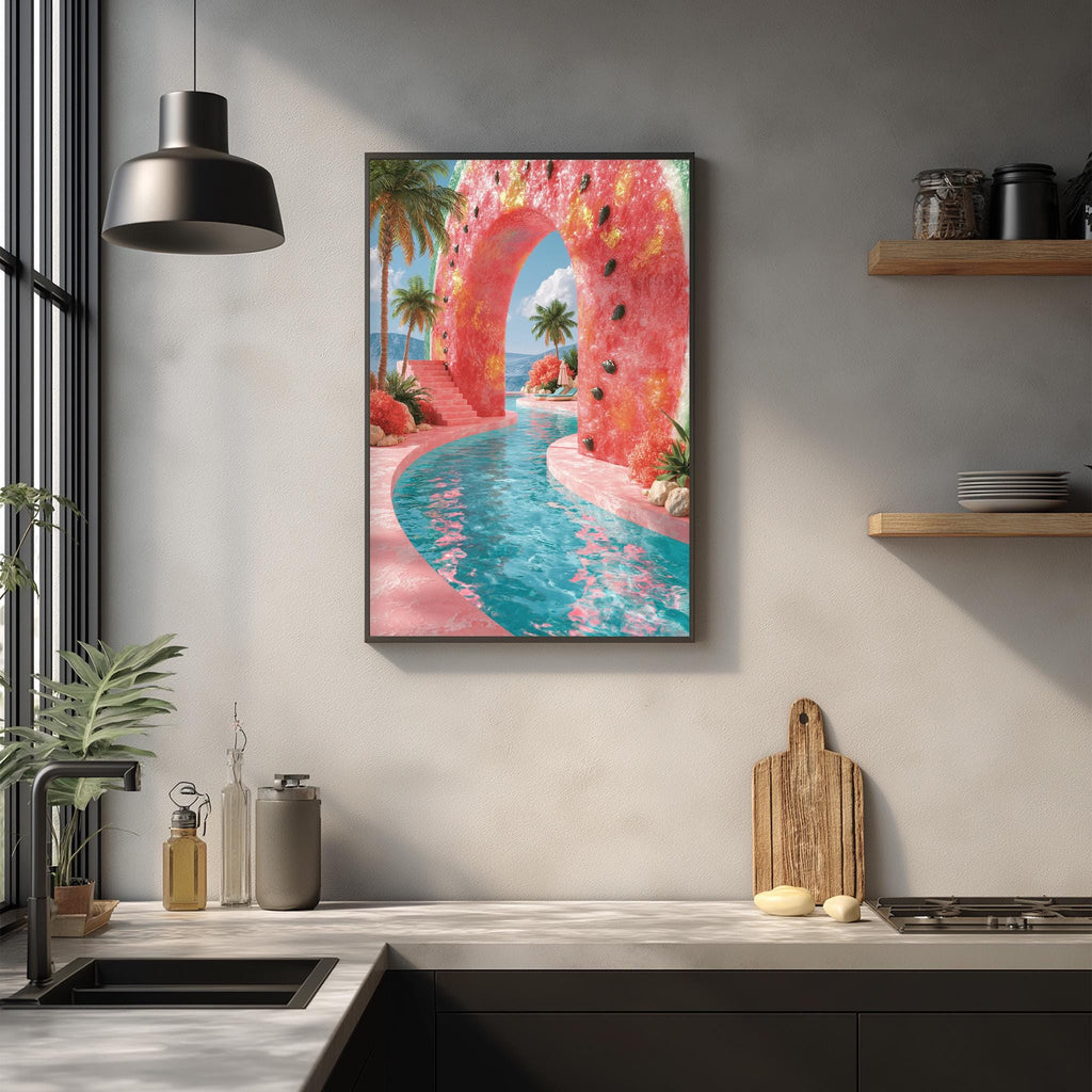 a vibrant, colorful painting of a tropical landscape with a pink archway, a blue pool, and palm trees, hanging on a wall above a kitchen counter.