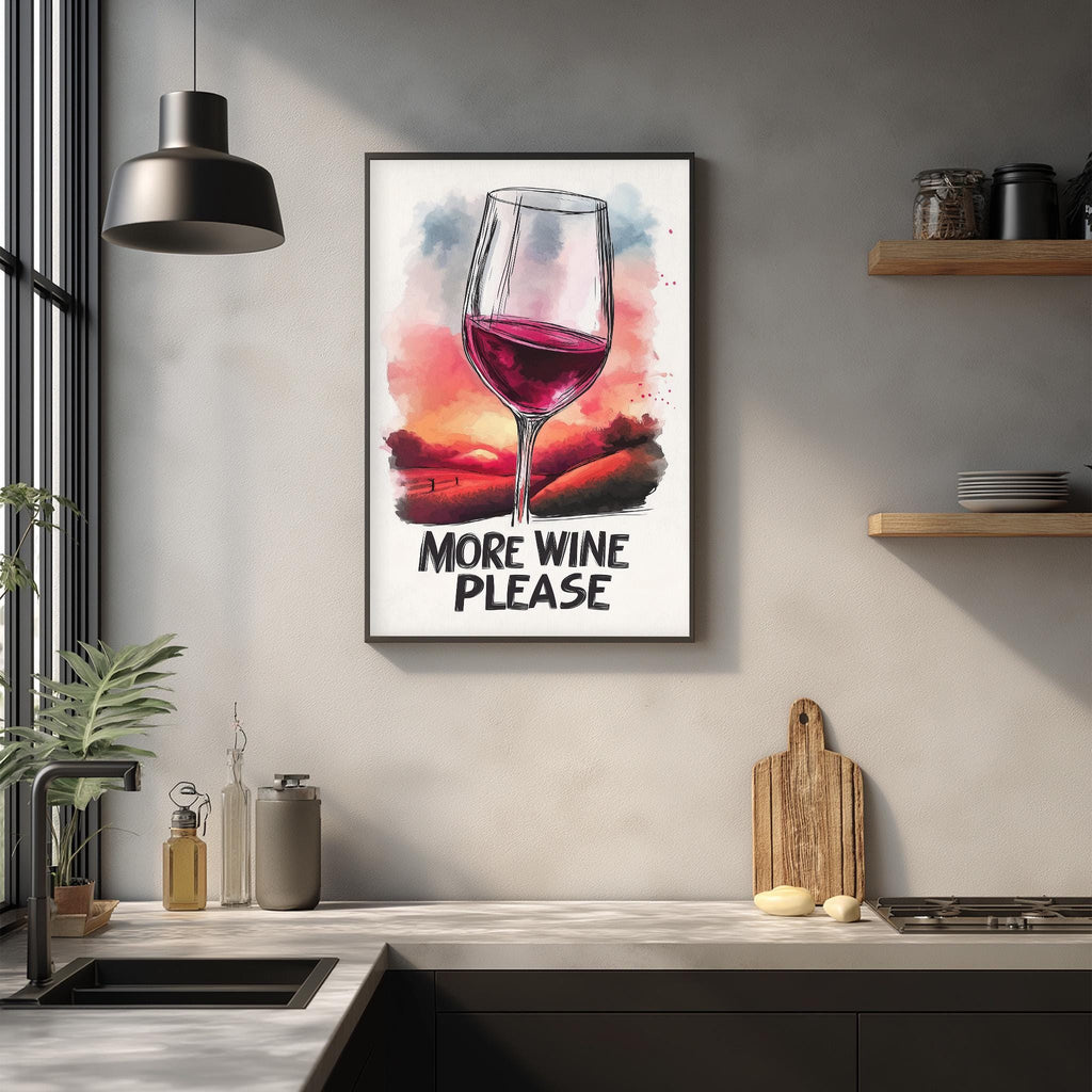 a framed poster with a wine glass and the text "MORE WINE PLEASE" hanging on a wall in a kitchen setting.
