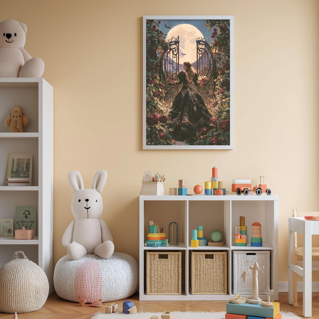 a cozy and well-organized children's bedroom, featuring a large stuffed rabbit, a bookshelf filled with toys, and a framed artwork of a fairy tale scene with a full moon.