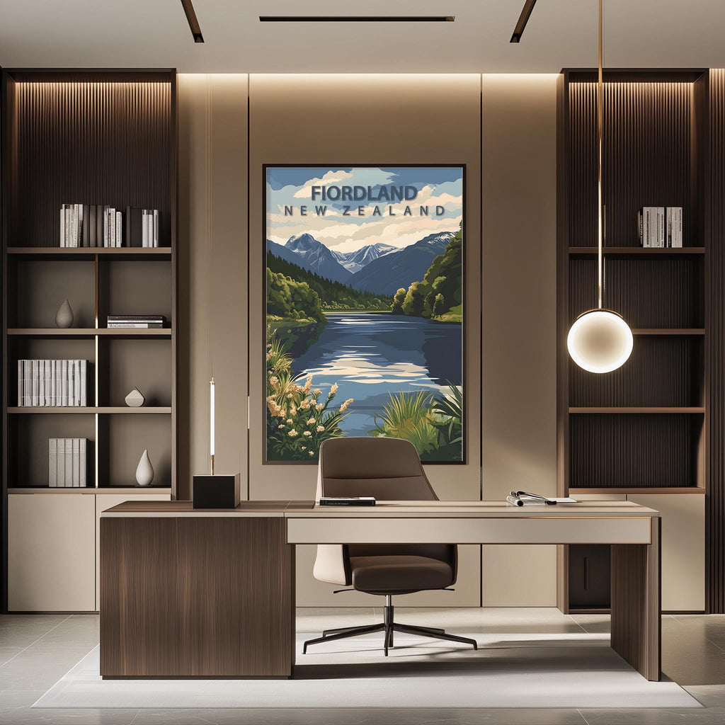 a modern office space with a large framed poster of a scenic landscape hanging on the wall, depicting a mountain range and a river. The office has a wooden desk and chair, and there are bookshelves on either side of the desk.