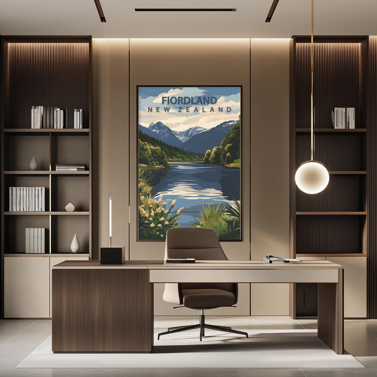 a modern office space with a large framed poster of a scenic landscape hanging on the wall, depicting a mountain range and a river. The office has a wooden desk and chair, and there are bookshelves on either side of the desk.