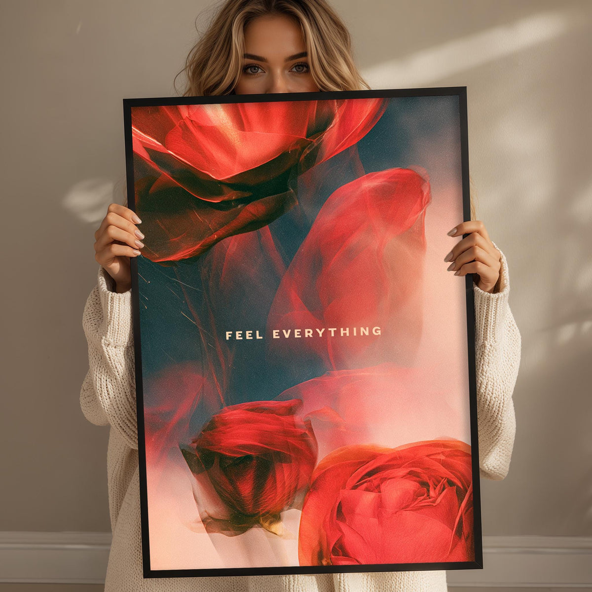 A woman holding a framed poster with a vibrant red rose design and the text "Feel Everything" on it.