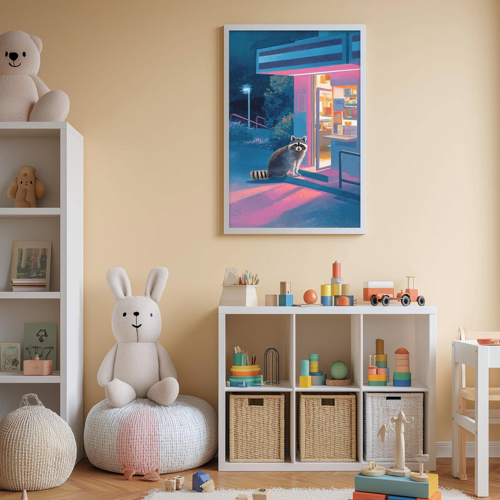 A cozy children's room with a large stuffed rabbit, a bookshelf filled with toys, and a colorful painting of a raccoon peeking out from a window.