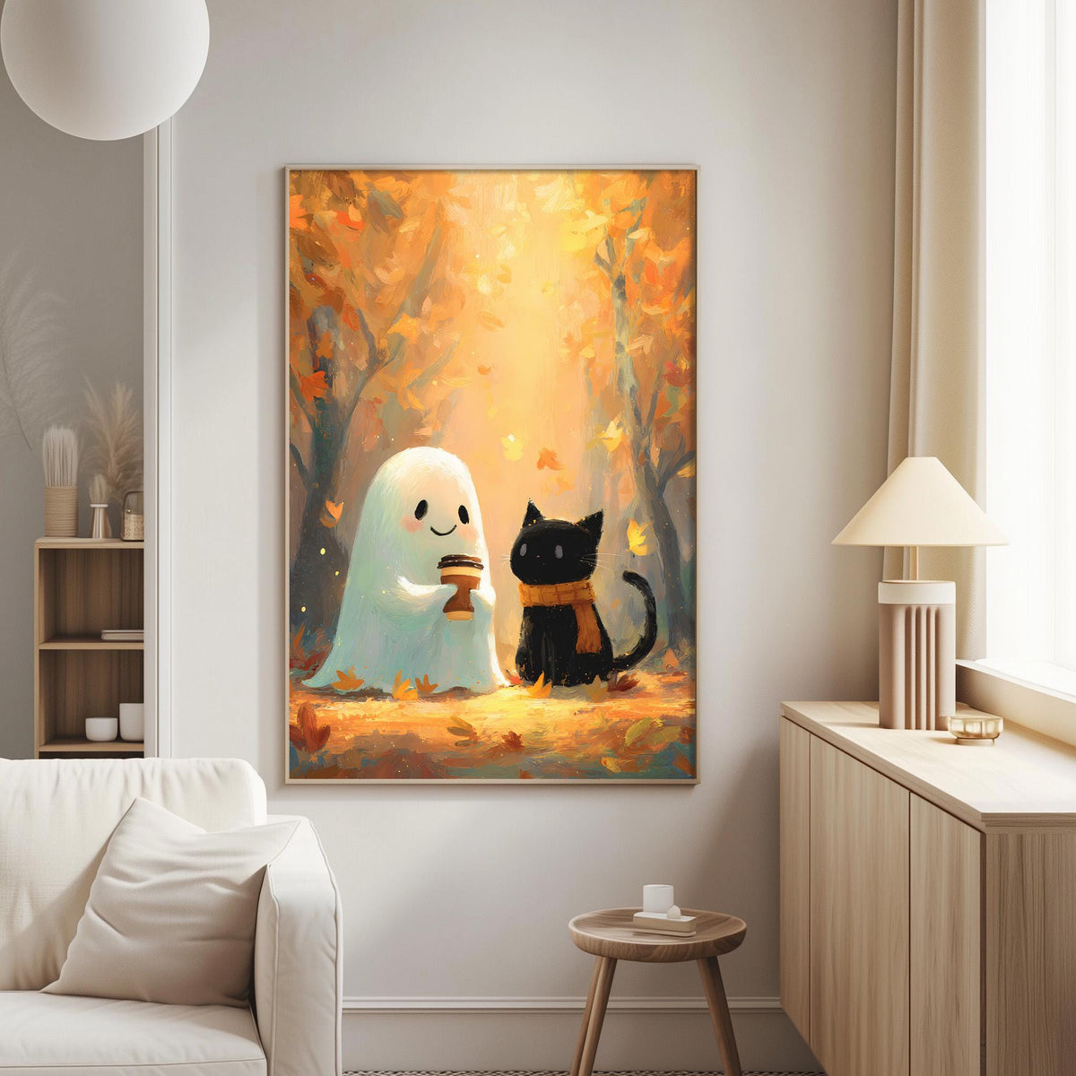 a cozy living room with a large painting of a ghost and a cat on the wall. The painting depicts the ghost holding a cup and the cat sitting nearby, creating a whimsical and festive atmosphere.